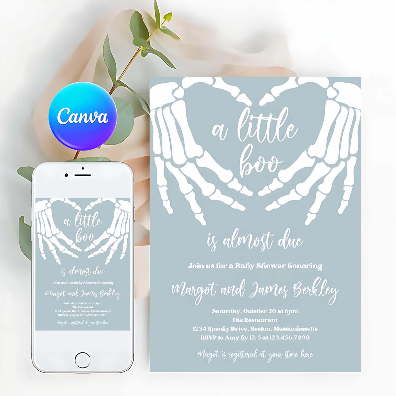 Editable halloween baby shower invitation gothic skellington love hands a little boo is almost due halloween shower instant download ju3