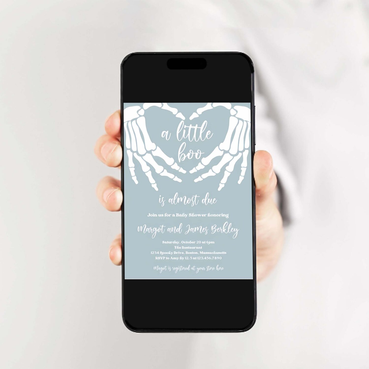 Editable halloween baby shower invitation gothic skellington love hands a little boo is almost due halloween shower instant download ju3 2