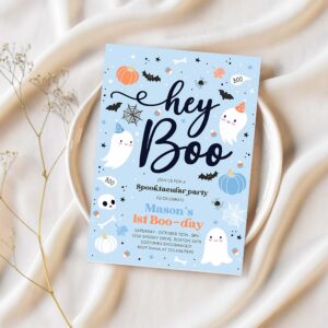 Editable halloween boy ghost birthday invitation hey boo cute blue ghost birthday party spooktacular halloween party instant download dw 1