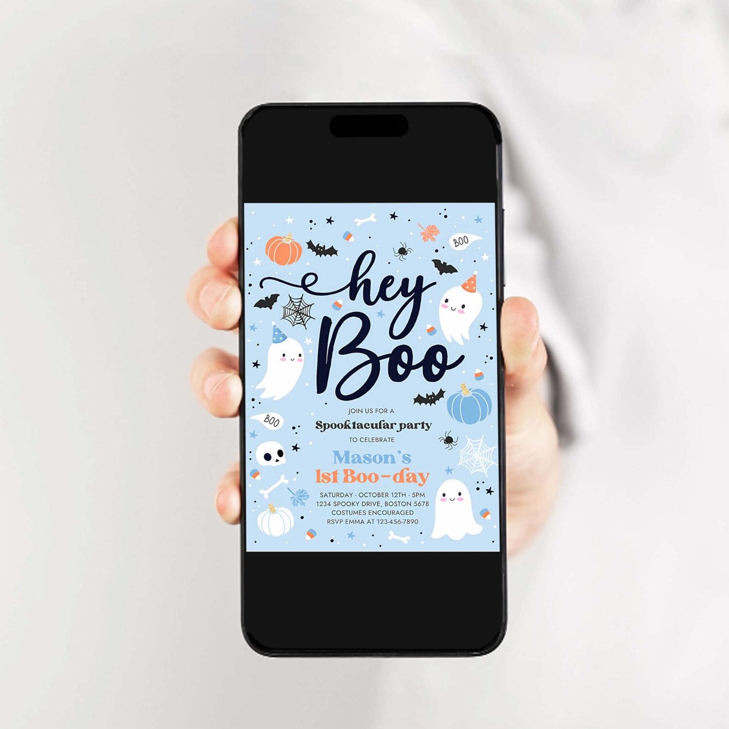 Editable halloween boy ghost birthday invitation hey boo cute blue ghost birthday party spooktacular halloween party instant download dw 2