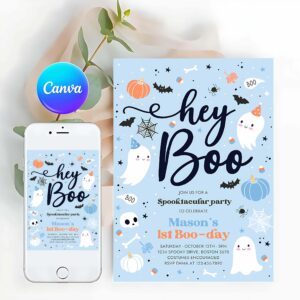 Hey Boo Invitation, Halloween Boy Ghost Birthday Invitation Hey Boo Cute Blue Ghost Birthday Party Spooktacular Halloween Party