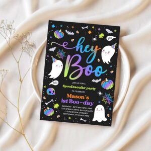 Editable halloween boy ghost birthday invitation hey boo cute blue ghost birthday party spooktacular halloween party instant download fg 1