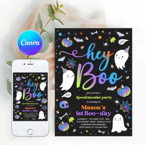 Hey Boo Invitation, Halloween Boy Ghost Birthday Invitation Hey Boo Cute Blue Ghost Birthday Party Spooktacular Halloween Party