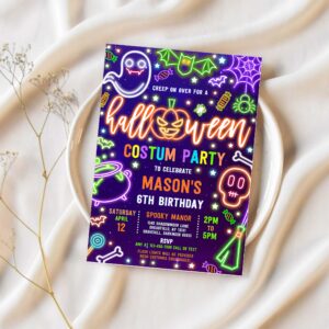 Editable halloween costume birthday party invitation glow neon halloween spooktacular birthday party invitation instant download t6y 1