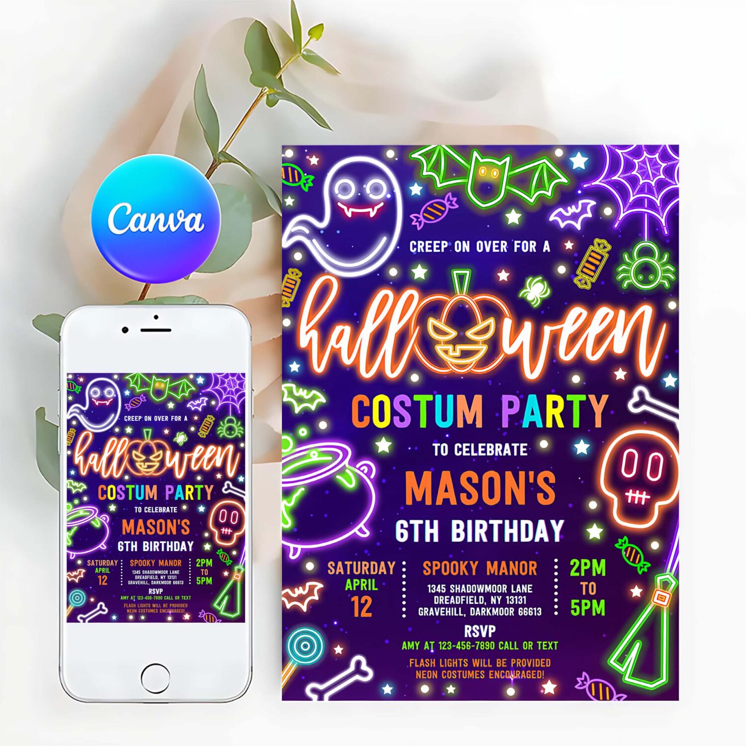 Editable halloween costume birthday party invitation glow neon halloween spooktacular birthday party invitation instant download t6y