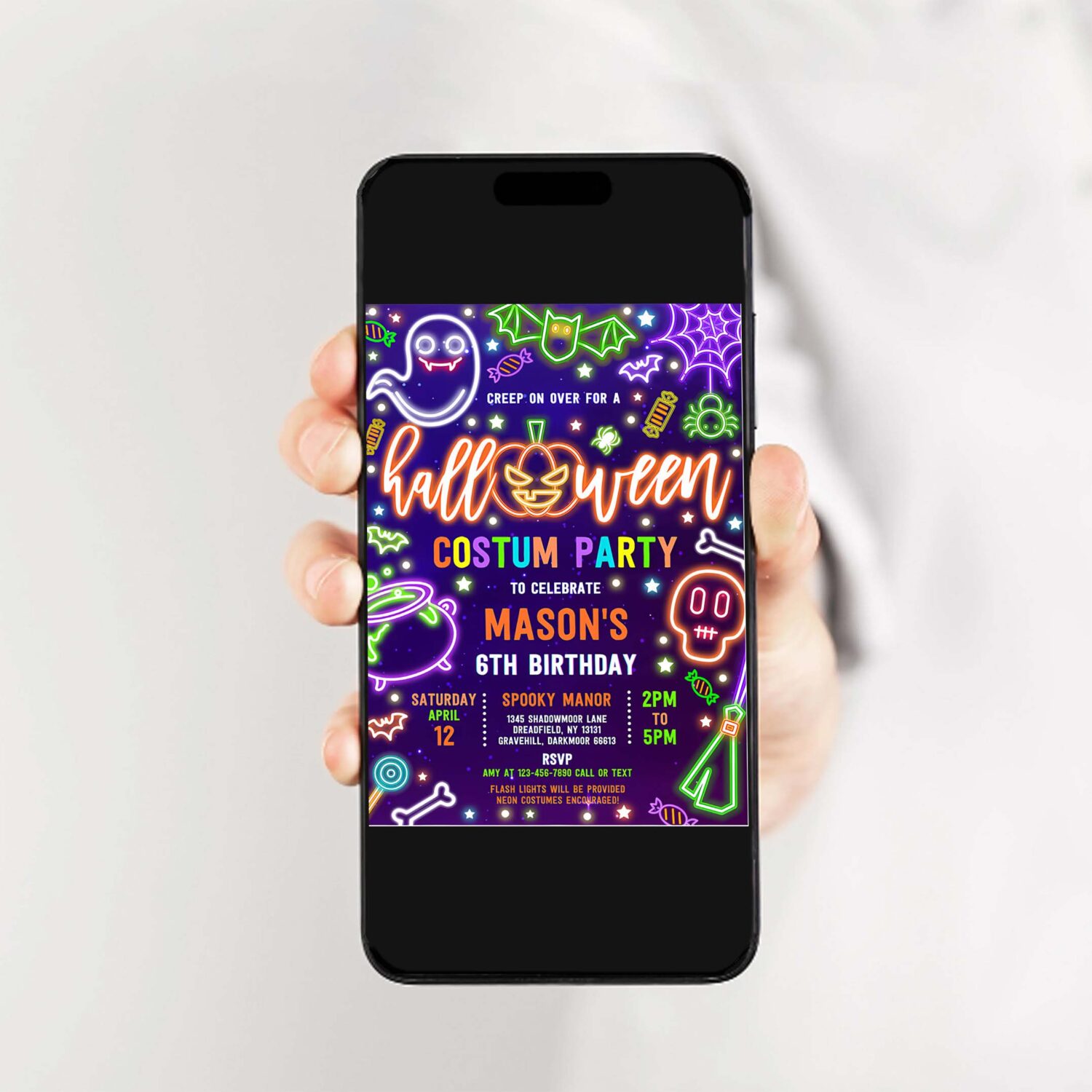 Editable halloween costume birthday party invitation glow neon halloween spooktacular birthday party invitation instant download t6y 2