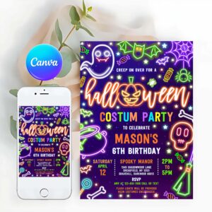 Neon Invitation, Halloween Costume Birthday Party Invitation Glow Neon Halloween Spooktacular Birthday Party Invitation
