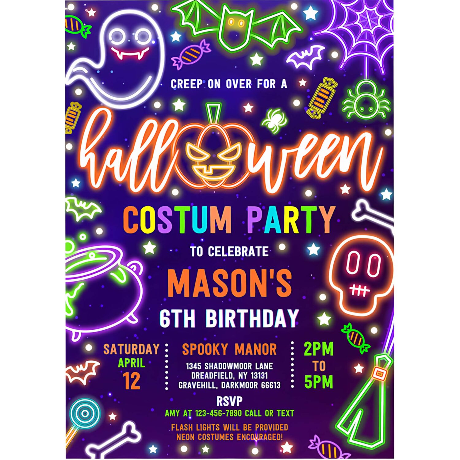 Editable halloween costume birthday party invitation glow neon halloween spooktacular birthday party invitation instant download t6y 4