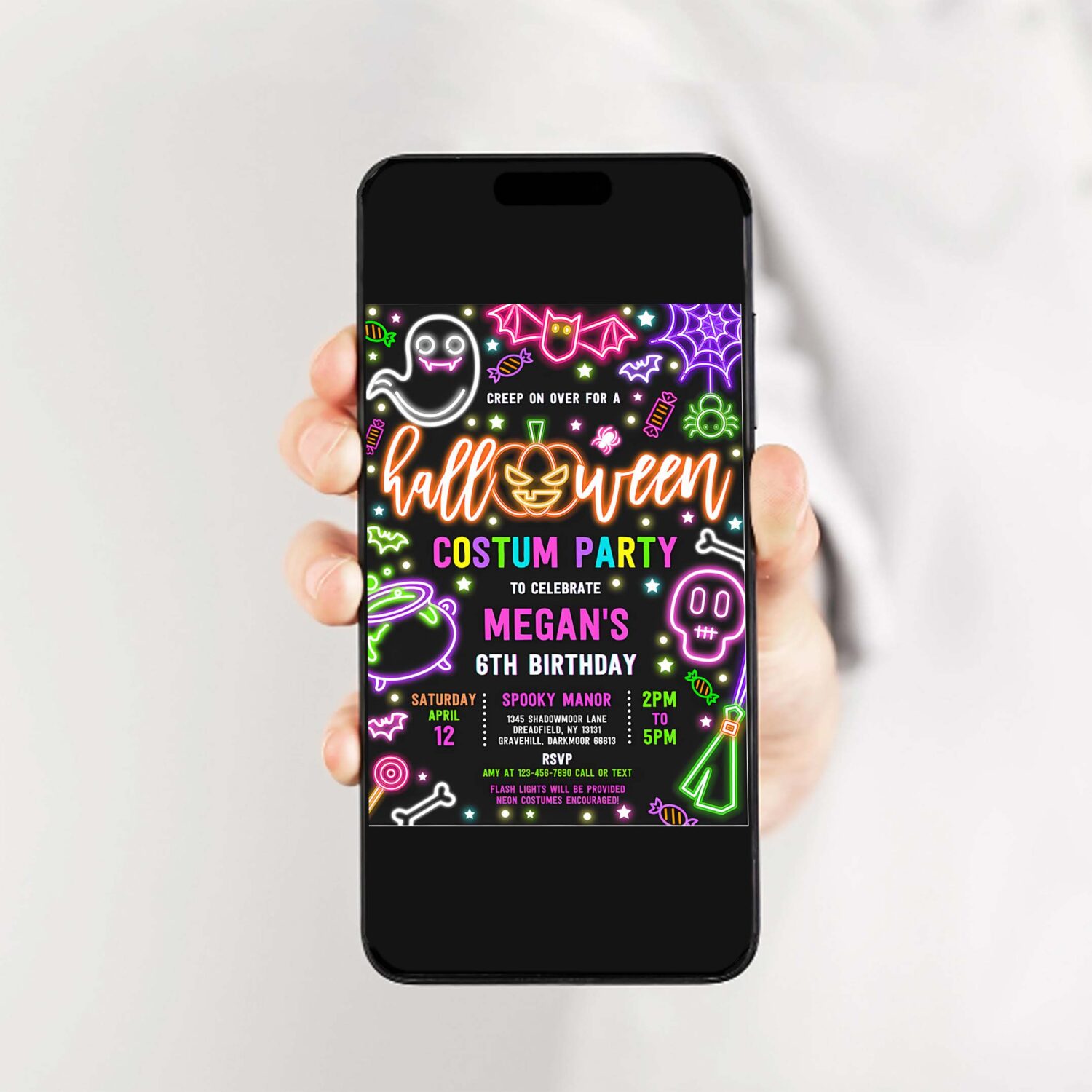 Editable halloween costume birthday party invite glow neon halloween spooktacular birthday party invitation instant download t6y 2