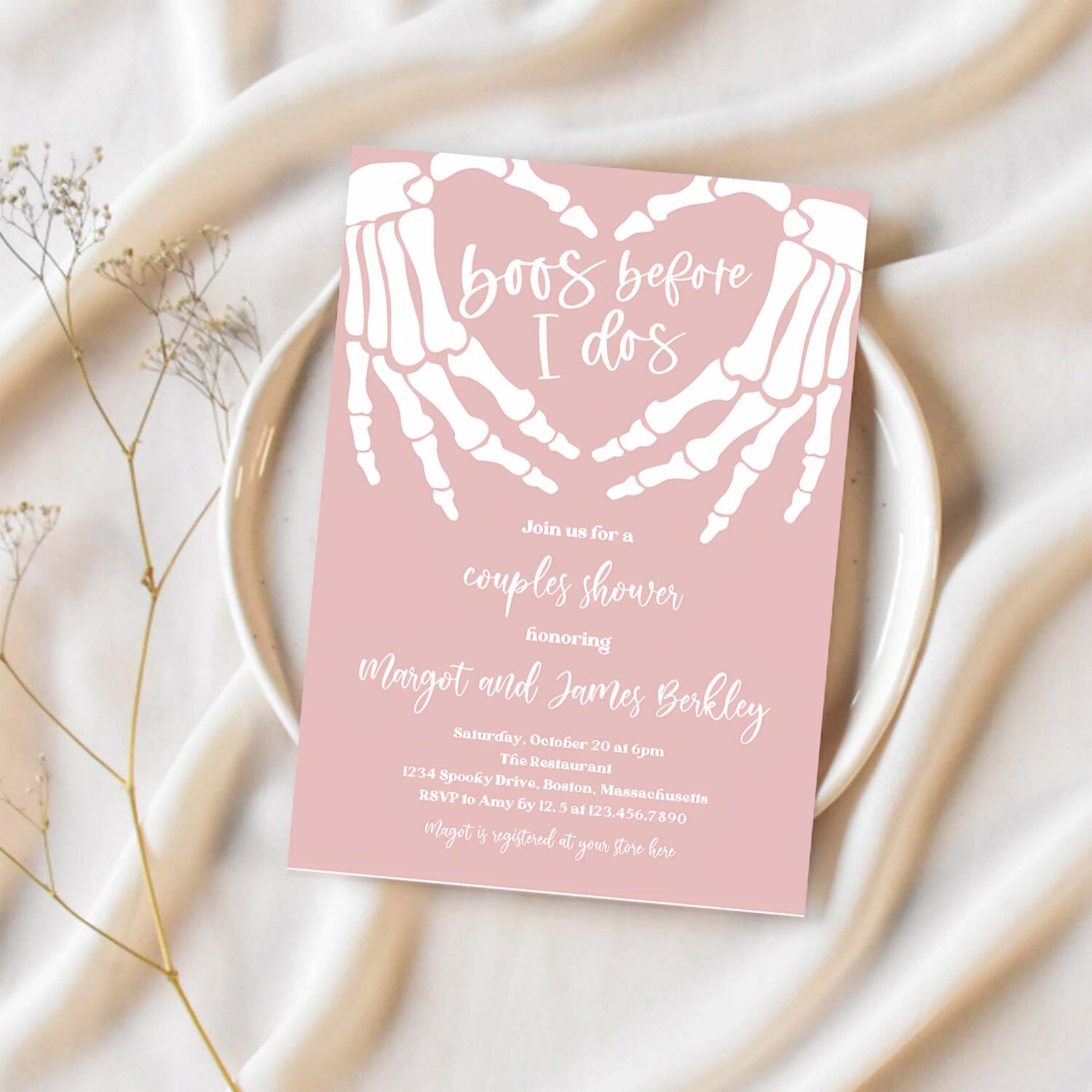 Editable halloween engagement invitation vintage gothic skellington hands boos before i dos couples shower invitation instant download ju1 1