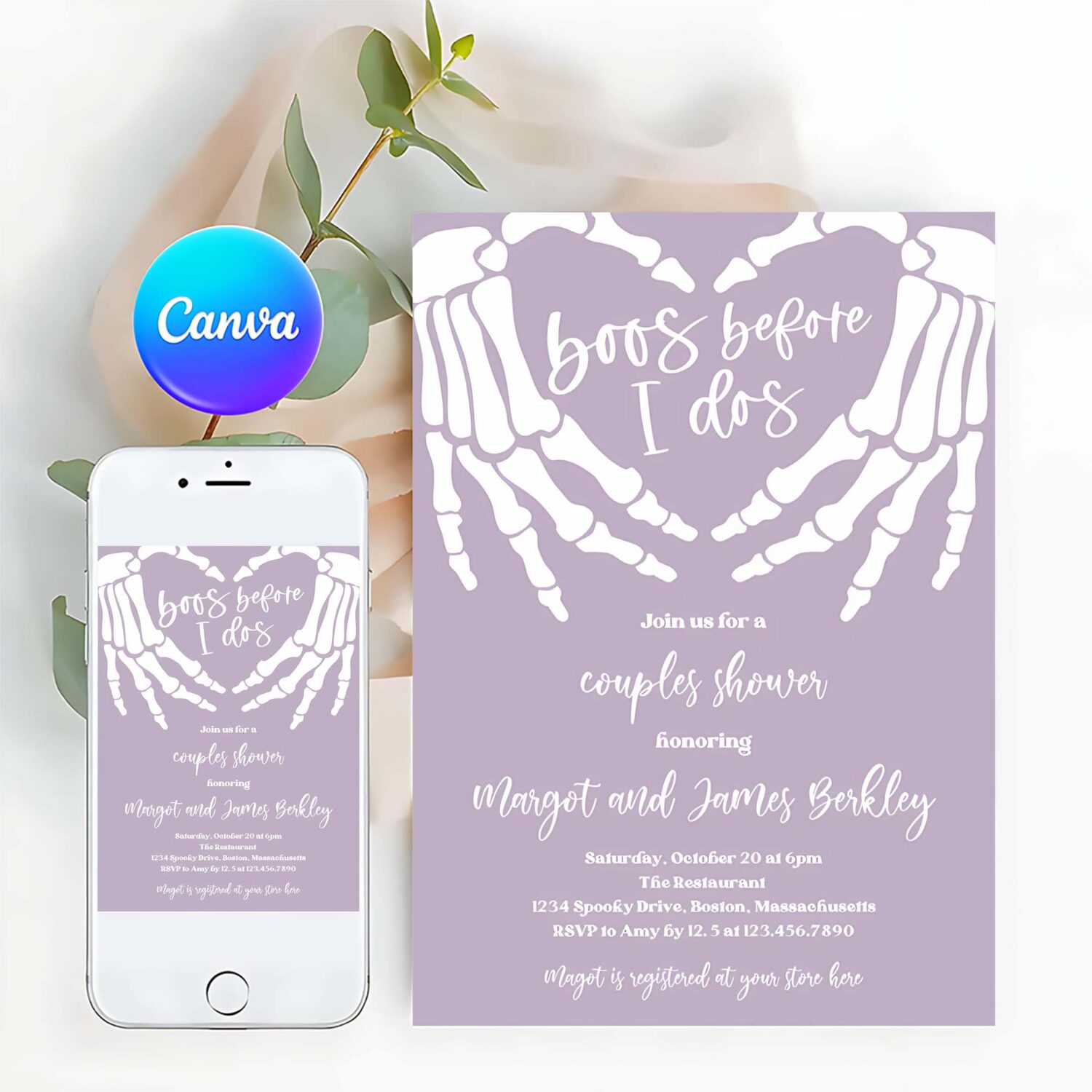 Editable halloween engagement invitation vintage gothic skellington hands boos before i dos couples shower invitation instant download ju2