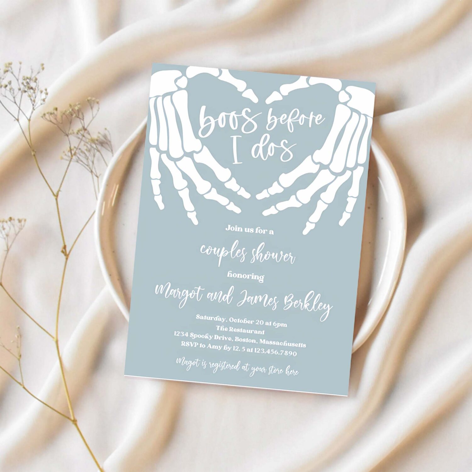 Editable halloween engagement invitation vintage gothic skellington hands boos before i dos couples shower invitation instant download ju3 1