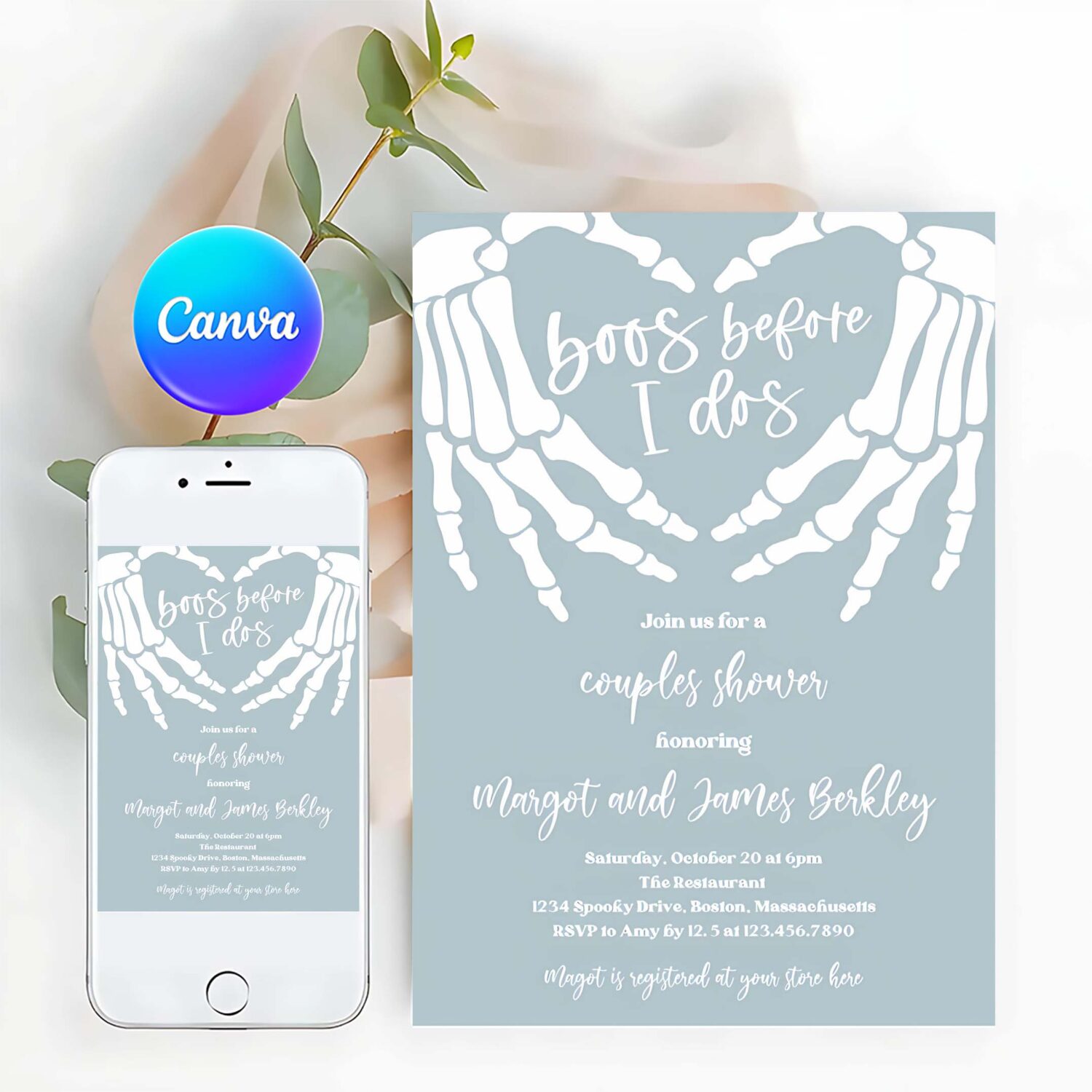 Editable halloween engagement invitation vintage gothic skellington hands boos before i dos couples shower invitation instant download ju3