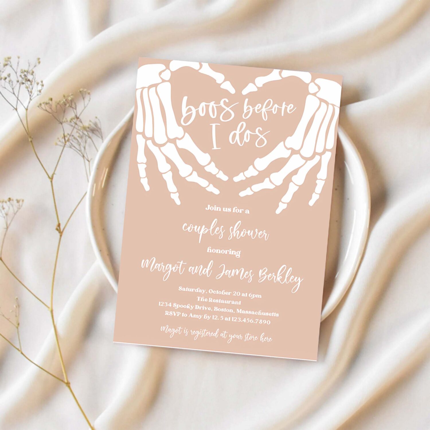 Editable halloween engagement invitation vintage gothic skellington hands boos before i dos couples shower invitation instant download ju4 1