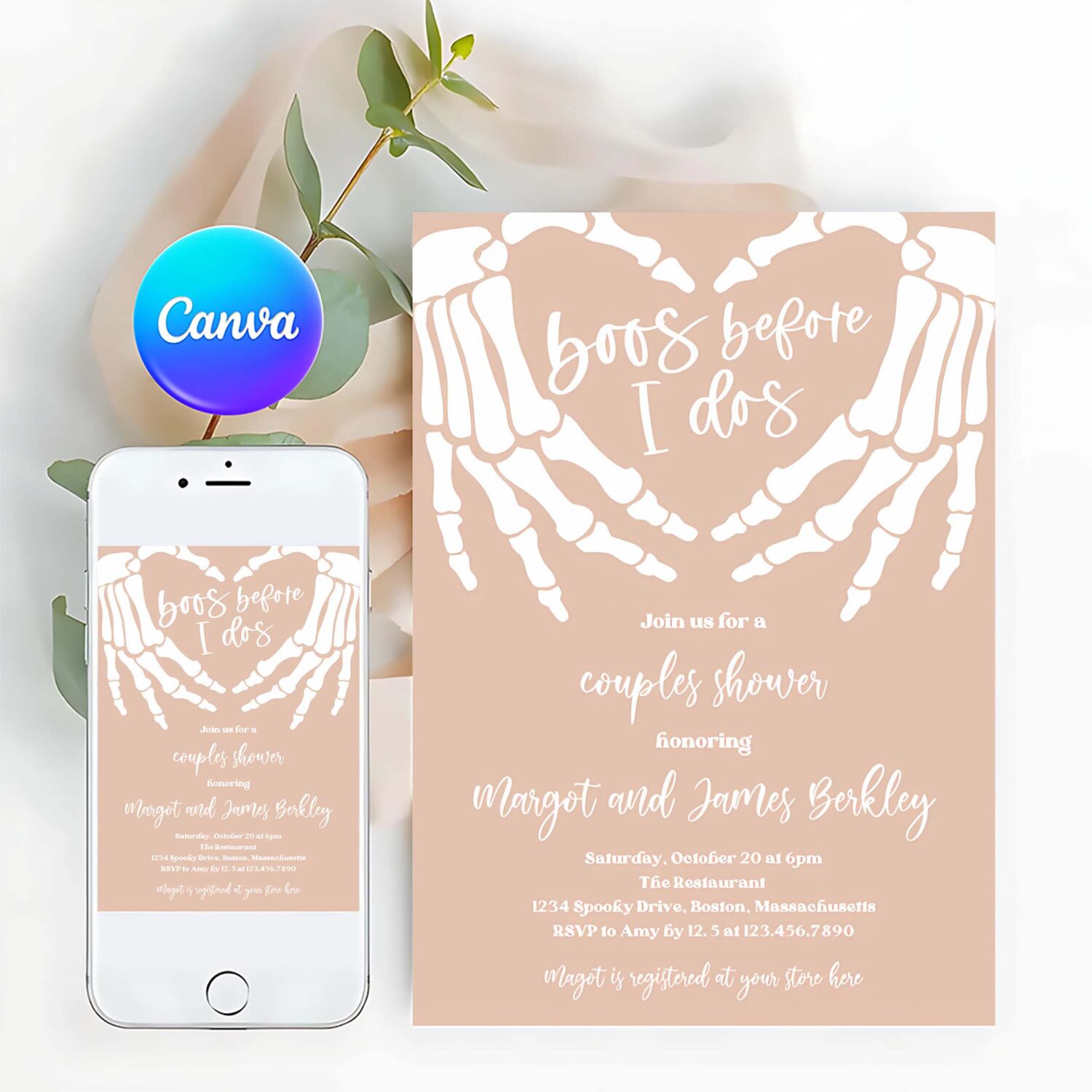 Editable halloween engagement invitation vintage gothic skellington hands boos before i dos couples shower invitation instant download ju4