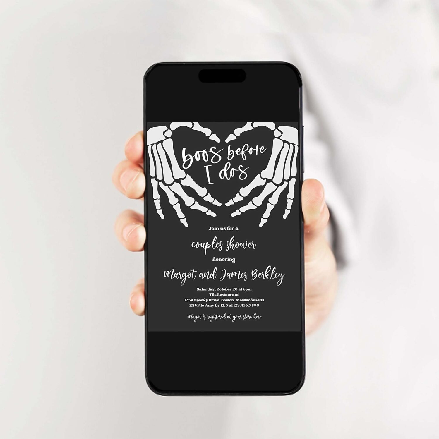 Editable halloween engagement invitation vintage gothic skellington hands boos before i dos couples shower invitation instant download v5 2