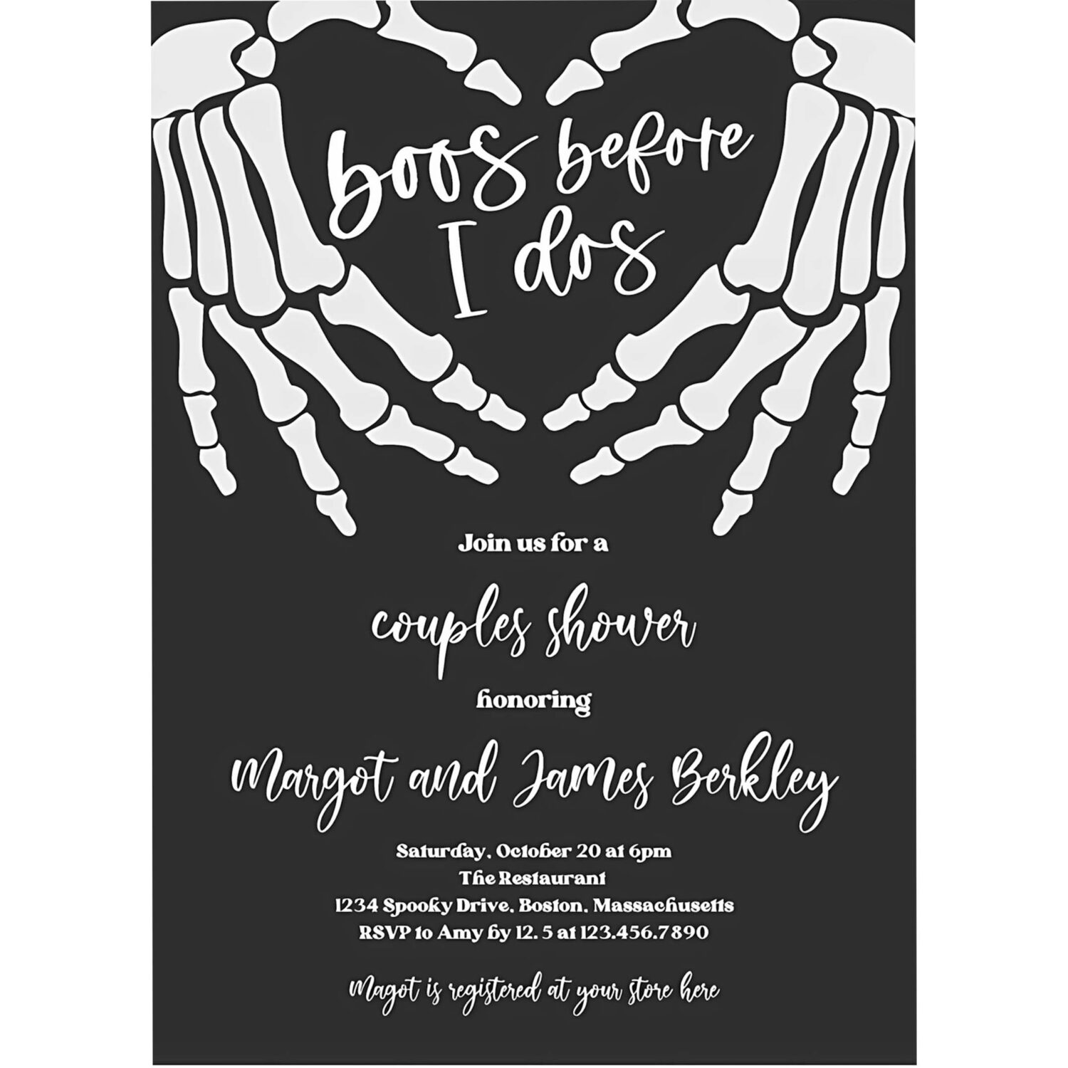 Editable halloween engagement invitation vintage gothic skellington hands boos before i dos couples shower invitation instant download v5 4