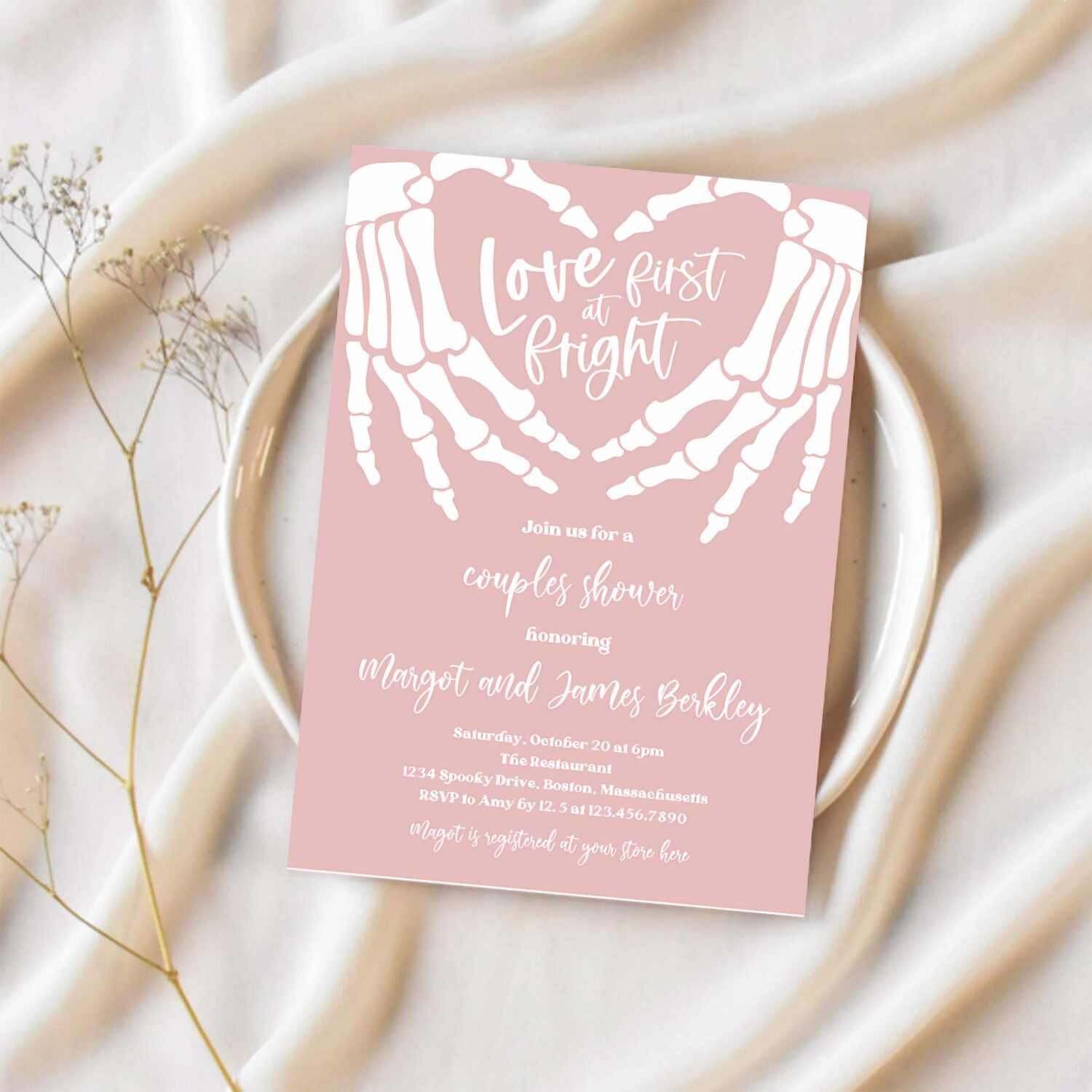 Editable halloween engagement invitation vintage gothic skellington hands love at first fright couples shower instant download ju1 1