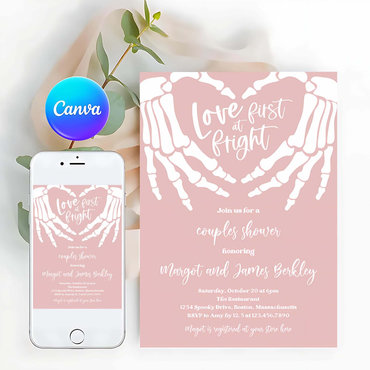 Editable halloween engagement invitation vintage gothic skellington hands love at first fright couples shower instant download ju1