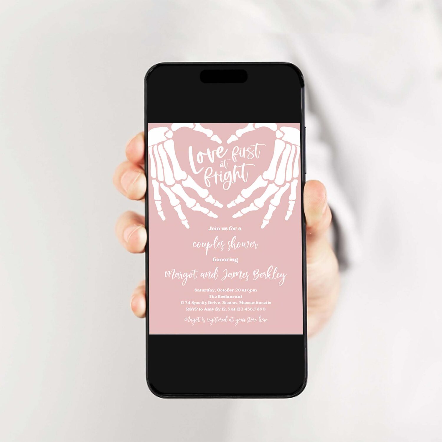 Editable halloween engagement invitation vintage gothic skellington hands love at first fright couples shower instant download ju1 2