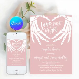 Halloween Engagement Invitation, Halloween Engagement Invitation Vintage Gothic Skellington Hands Love At First Fright Couples Shower