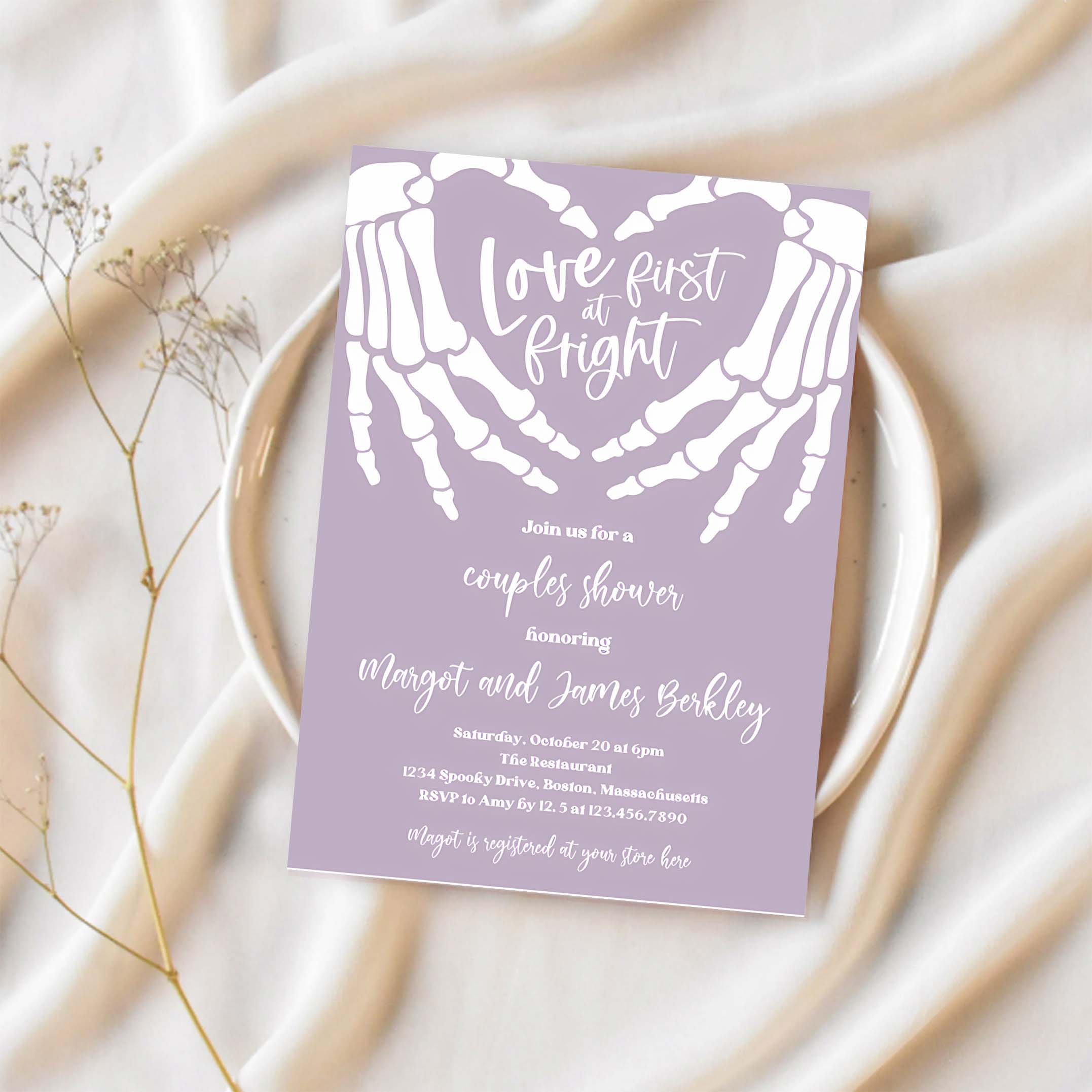 Editable Halloween Engagement Invitation Vintage Gothic Skellington Hands Love At First Fright Couples Shower Instant Download JU2