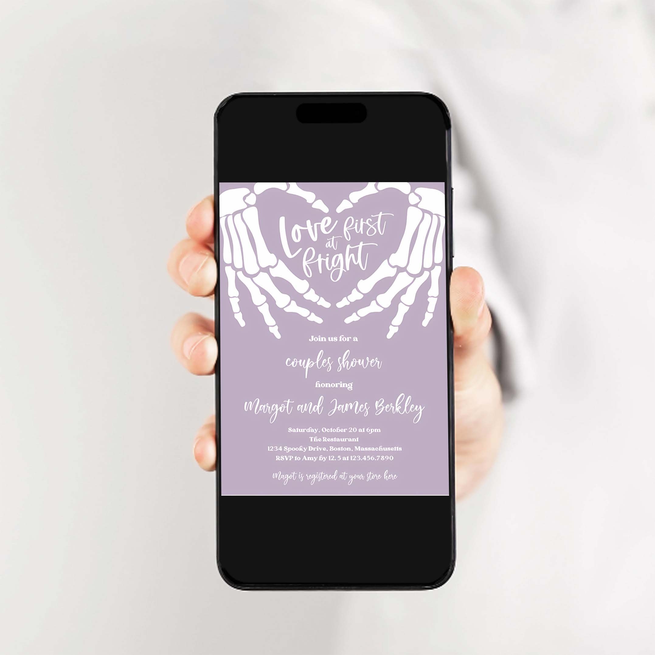 Editable Halloween Engagement Invitation Vintage Gothic Skellington Hands Love At First Fright Couples Shower Instant Download JU2