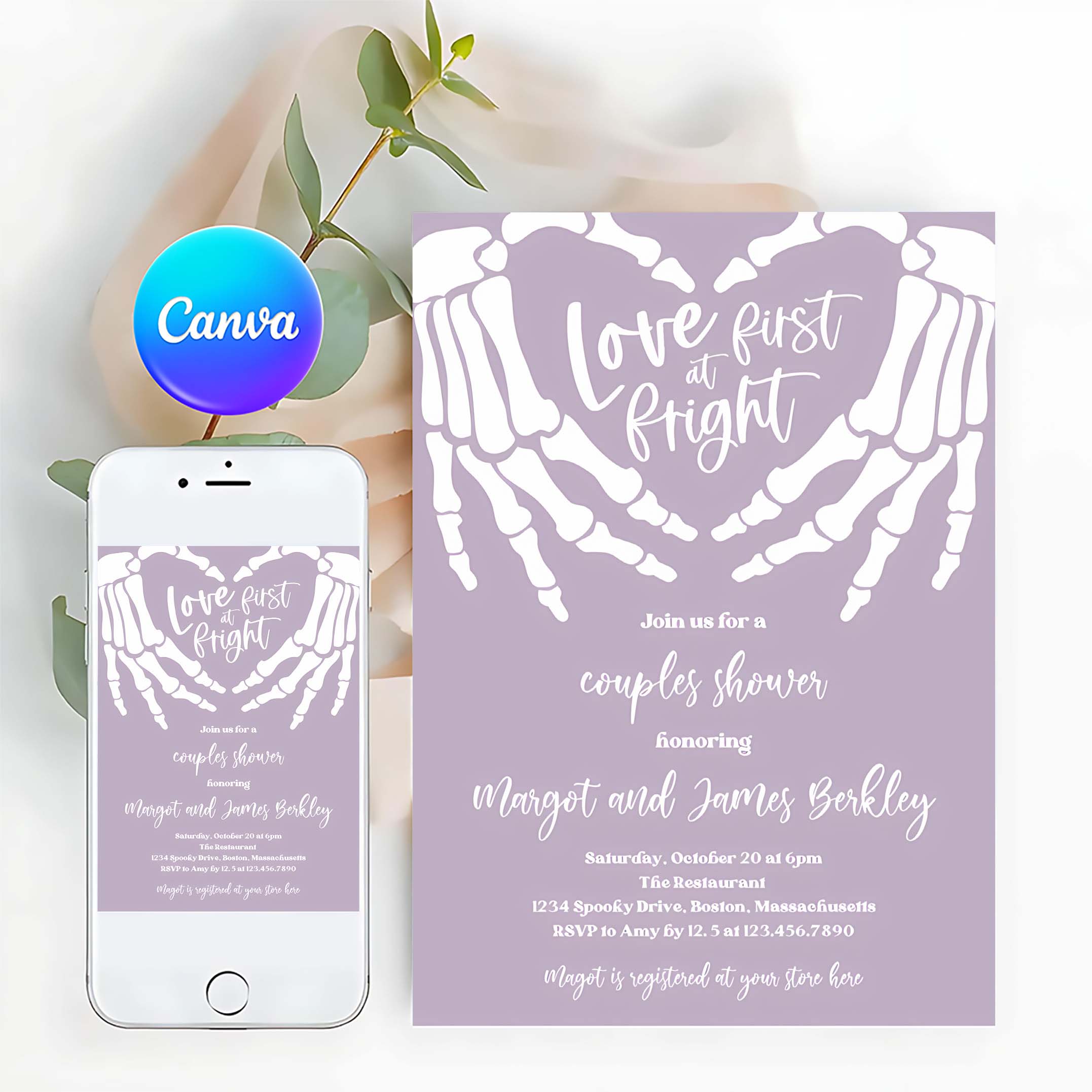 Editable Halloween Engagement Invitation Vintage Gothic Skellington Hands Love At First Fright Couples Shower Instant Download JU2