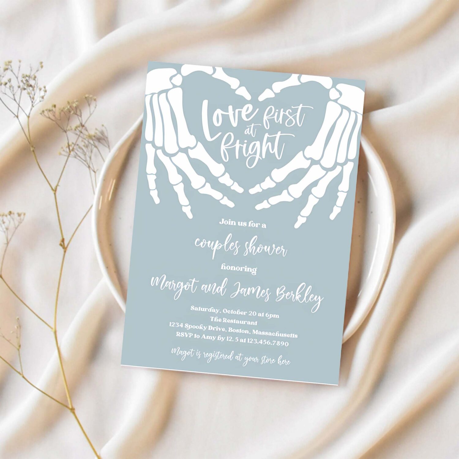 Editable halloween engagement invitation vintage gothic skellington hands love at first fright couples shower instant download ju3 1