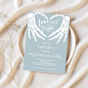 Editable halloween engagement invitation vintage gothic skellington hands love at first fright couples shower instant download ju3 1