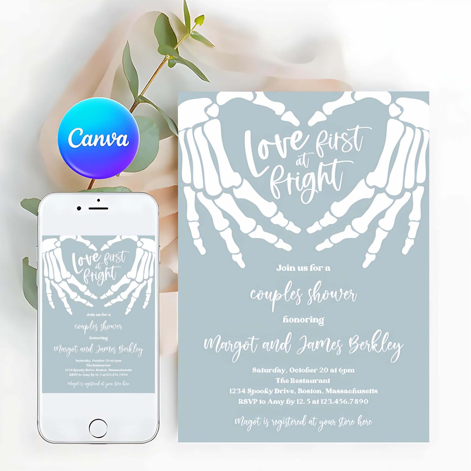 Editable halloween engagement invitation vintage gothic skellington hands love at first fright couples shower instant download ju3