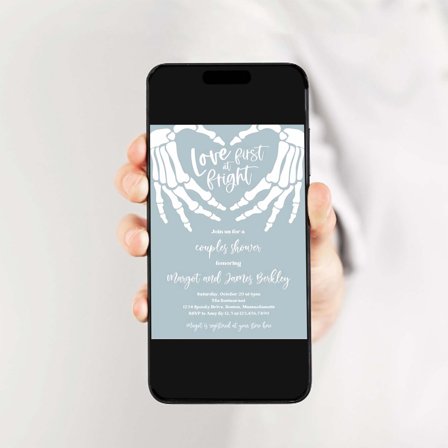 Editable halloween engagement invitation vintage gothic skellington hands love at first fright couples shower instant download ju3 2