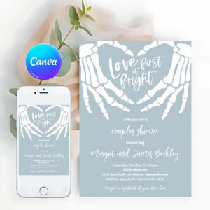 Halloween Engagement Invitation, Halloween Engagement Invitation Vintage Gothic Skellington Hands Love At First Fright Couples Shower