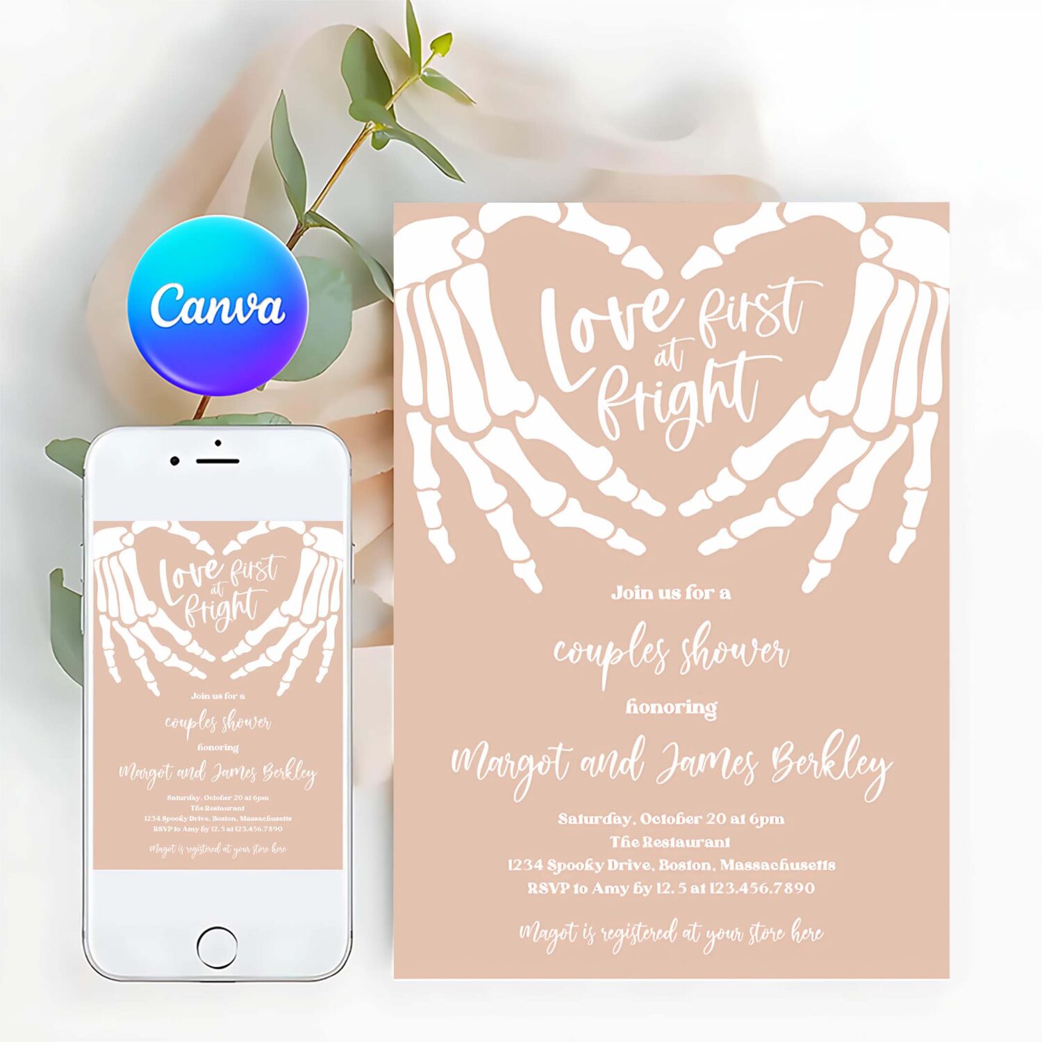 Editable halloween engagement invitation vintage gothic skellington hands love at first fright couples shower instant download ju4