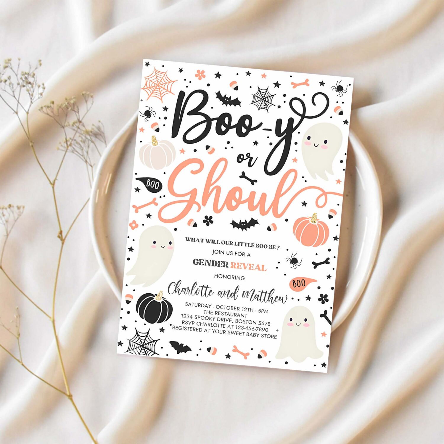 Editable halloween gender reveal invitation little boo ghost gender reveal boo y ghoul gender reveal halloween reveal instant download uy0 1