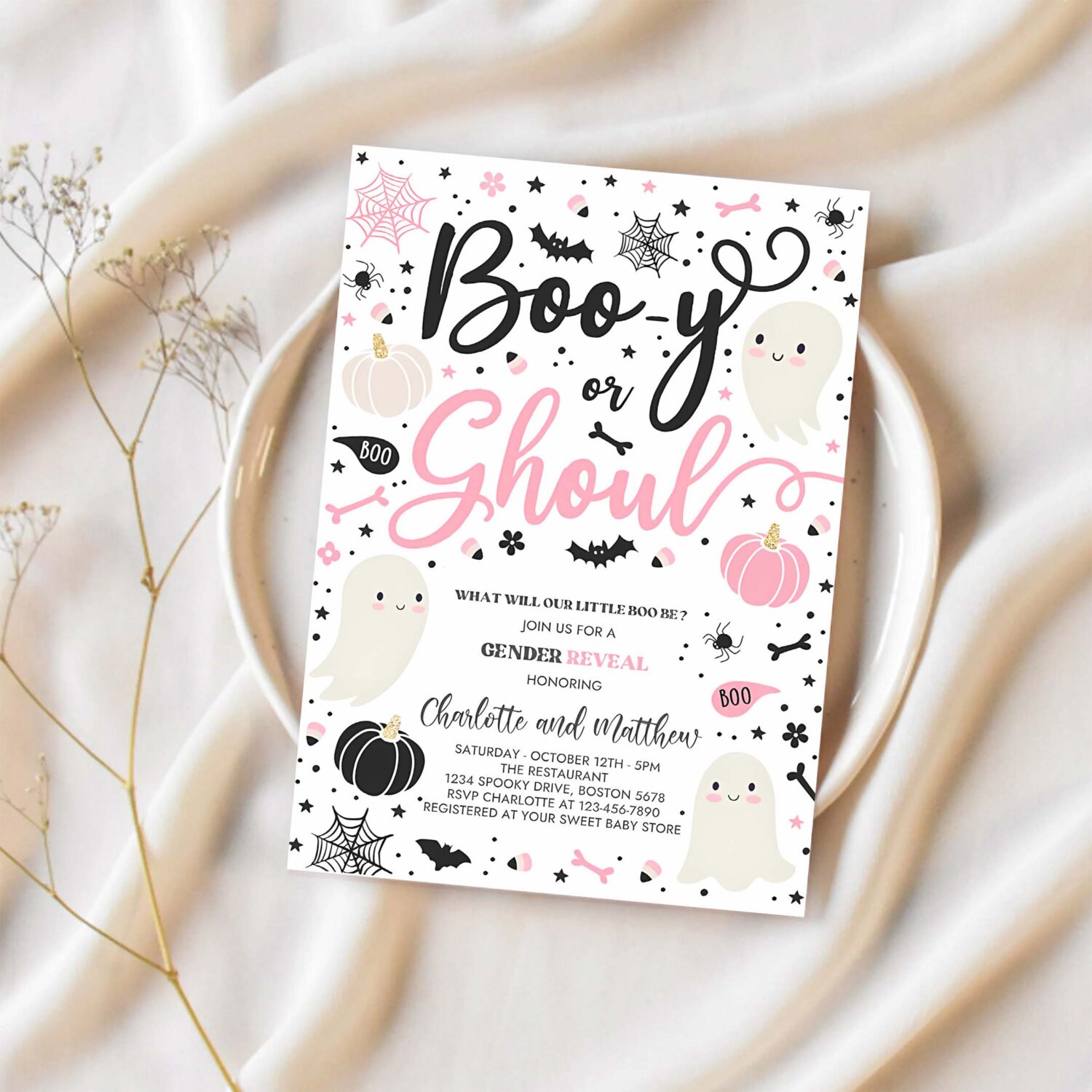 Editable halloween gender reveal invitation little boo ghost gender reveal boo y ghoul gender reveal halloween reveal instant download uy9 1