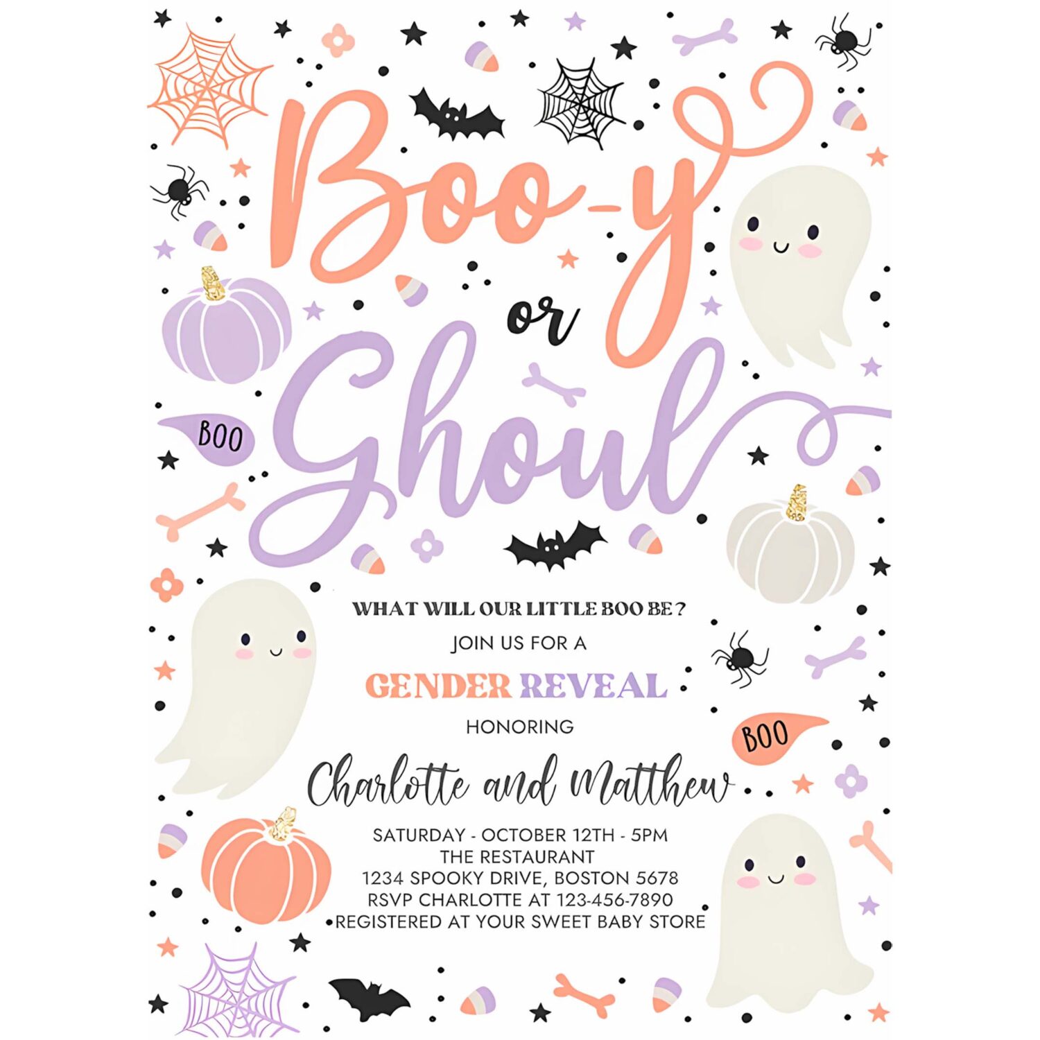 Editable halloween gender reveal invitation little boo ghost gender reveal boo y or ghoul gender reveal halloween reveal instant download v3 4