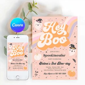 One Spooky Invitation, Halloween Ghost Birthday Invite Girly Cute Retro Spooky Ghost Birthday Party Spooktacular Halloween Party
