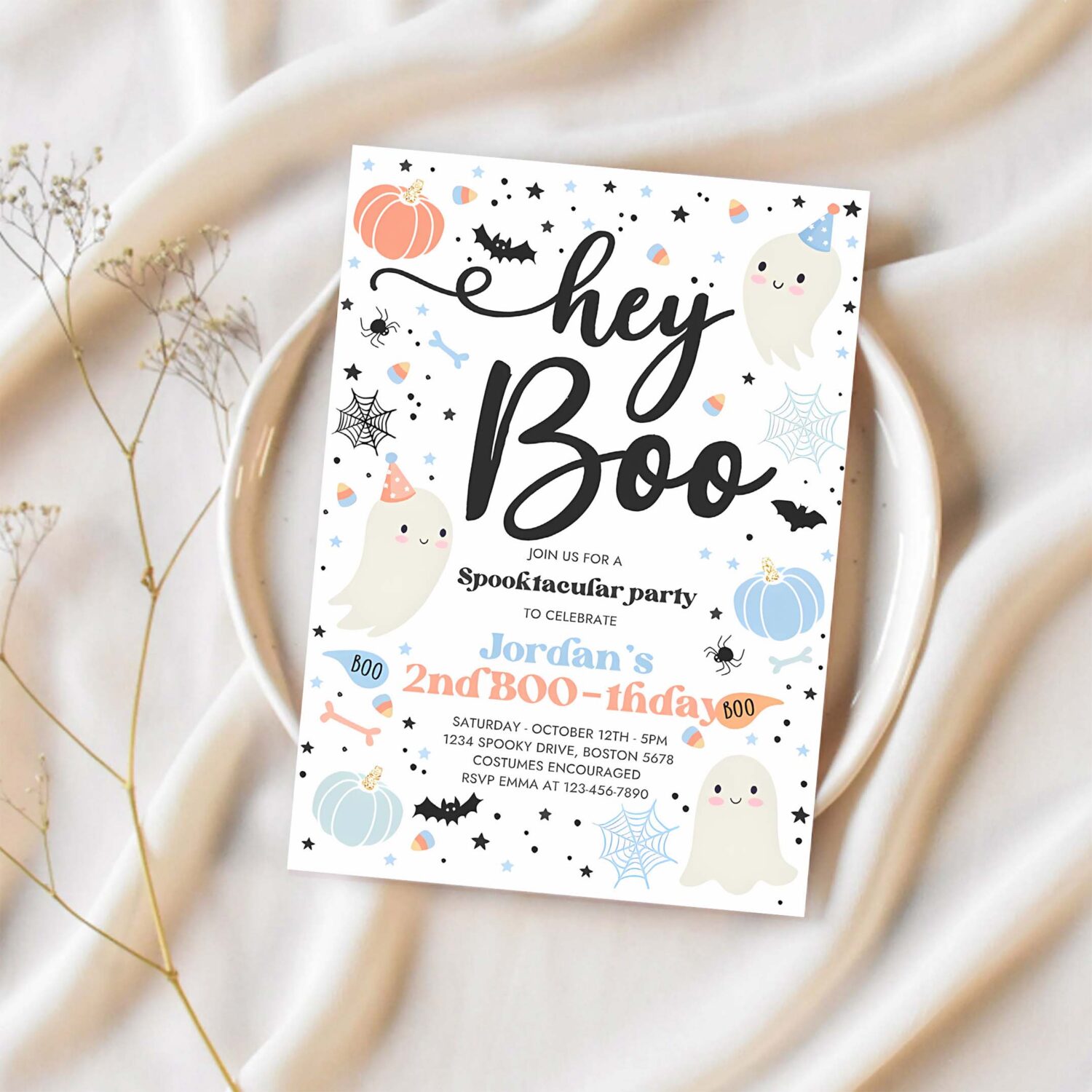 Editable halloween hey boo birthday party invitation cute boy ghost birthday party spooktacular 2nd birthday instant download vy 1