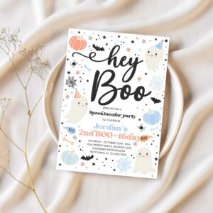 Editable halloween hey boo birthday party invitation cute boy ghost birthday party spooktacular 2nd birthday instant download vy 1