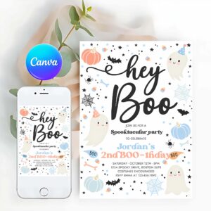 Hey Boo Invitation, Halloween Hey Boo Birthday Party Invitation Cute Boy Ghost Birthday Party Spooktacular 2nd Birthday