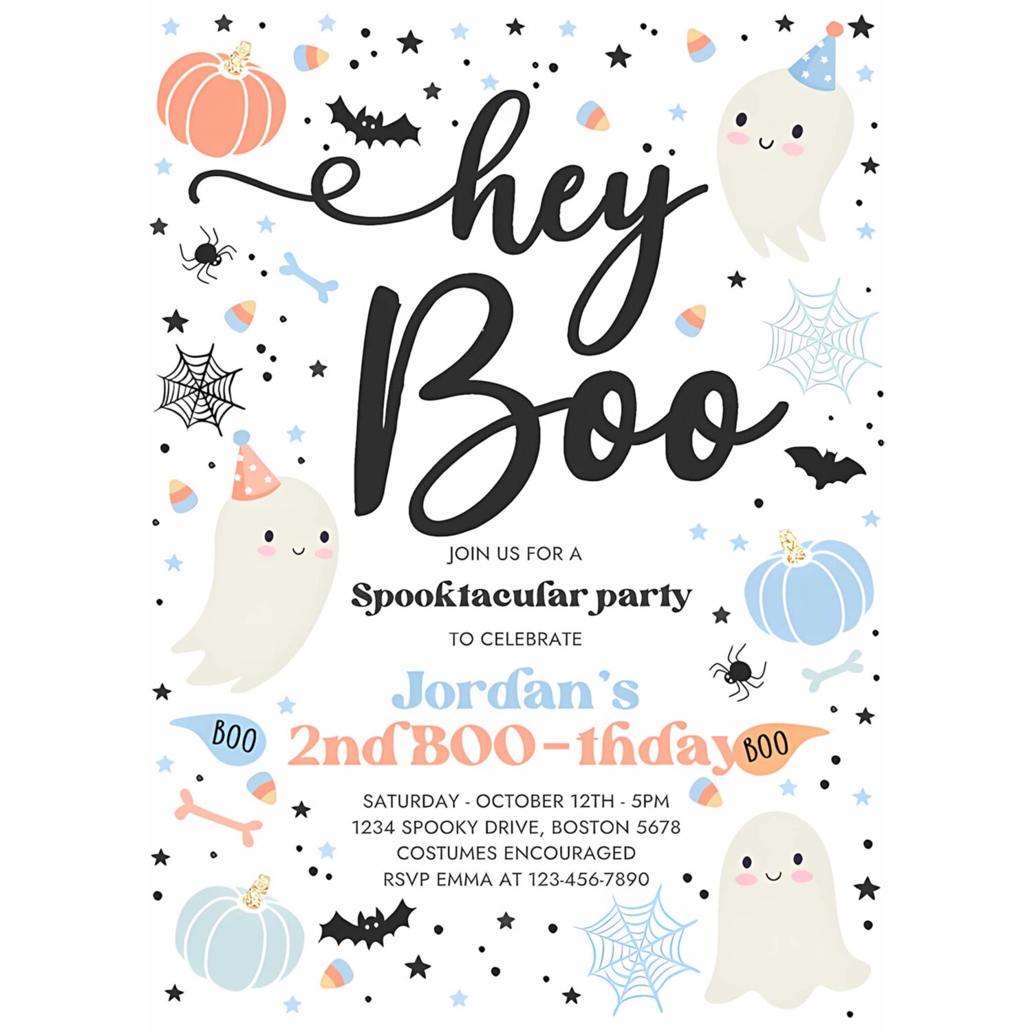 Editable halloween hey boo birthday party invitation cute boy ghost birthday party spooktacular 2nd birthday instant download vy 4