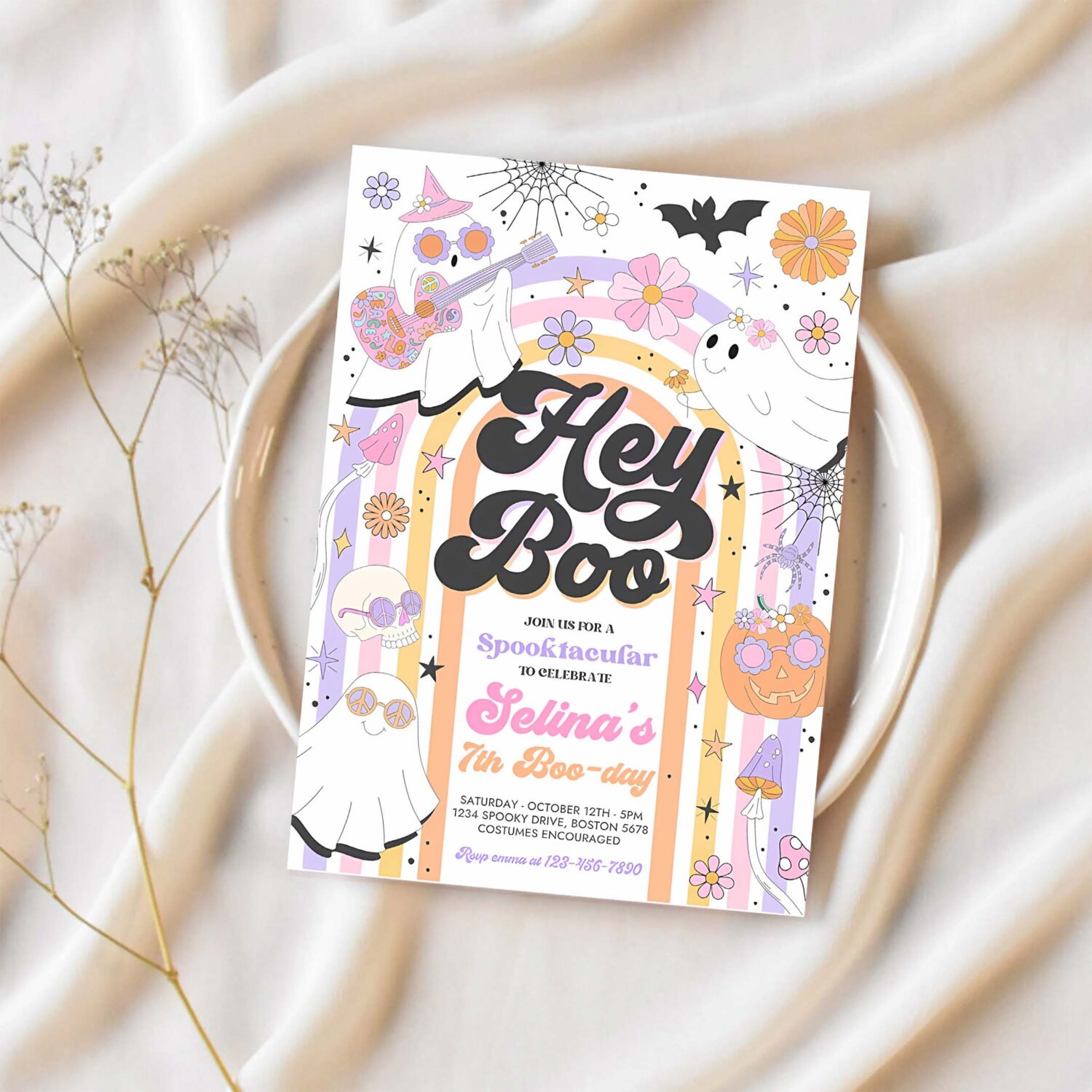 Editable halloween hey boo cute ghost birthday party invitation retro groovy rainbow ghost birthday hippie halloween instant download l3 1