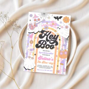 Editable halloween hey boo cute ghost birthday party invitation retro groovy rainbow ghost birthday hippie halloween instant download l3 1