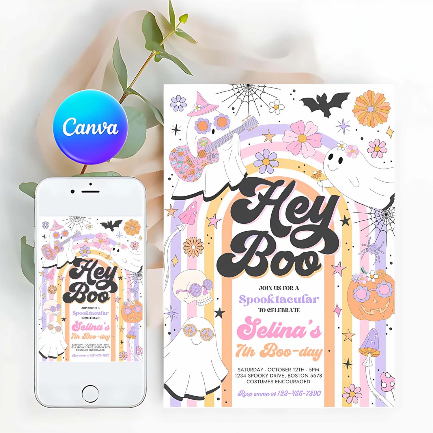Editable halloween hey boo cute ghost birthday party invitation retro groovy rainbow ghost birthday hippie halloween instant download l3