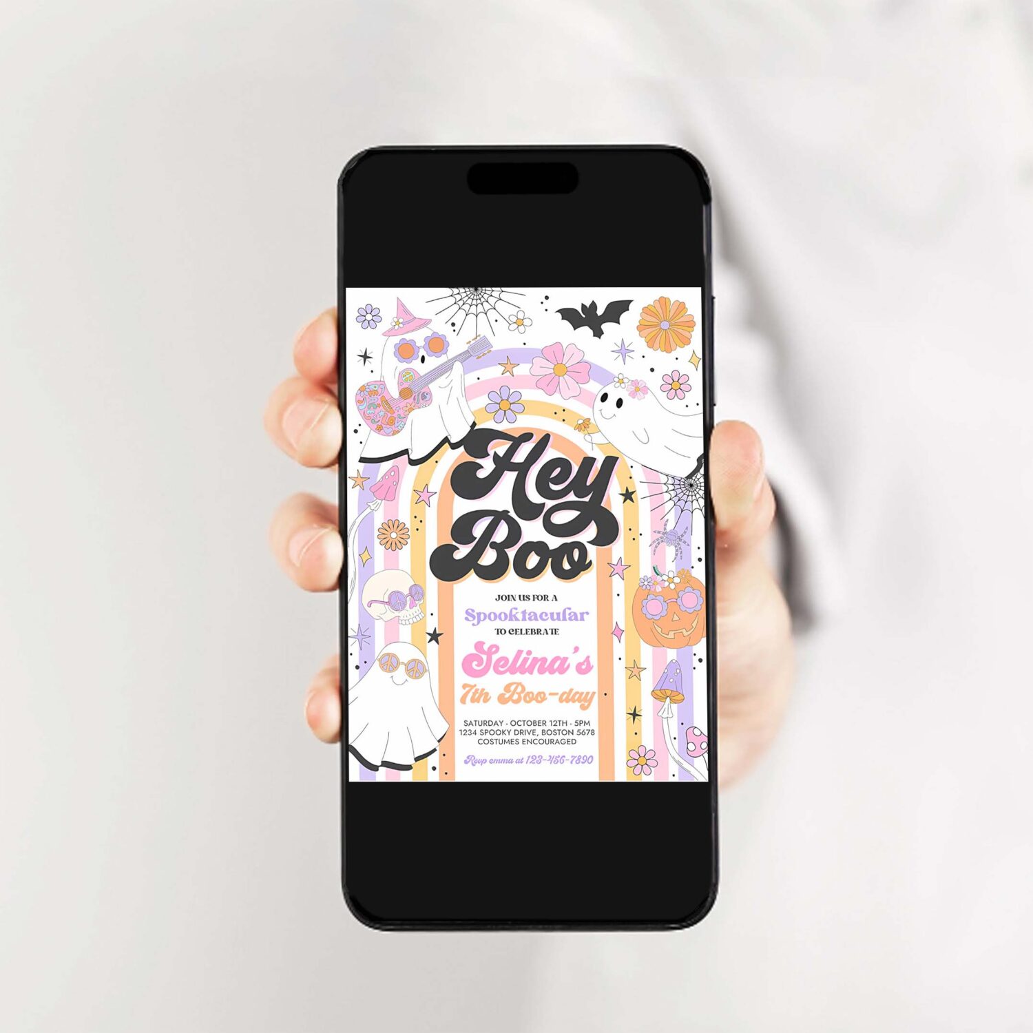 Editable halloween hey boo cute ghost birthday party invitation retro groovy rainbow ghost birthday hippie halloween instant download l3 2