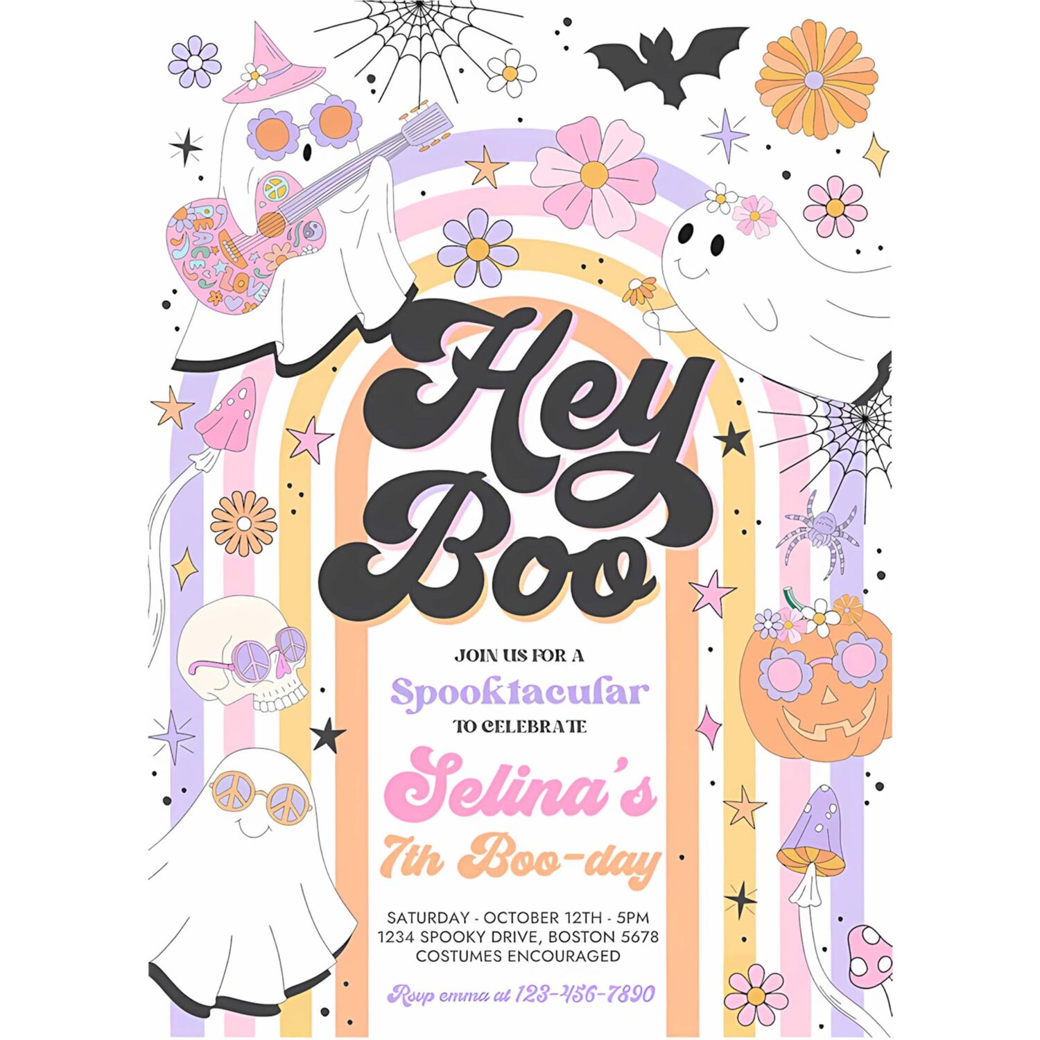 Editable halloween hey boo cute ghost birthday party invitation retro groovy rainbow ghost birthday hippie halloween instant download l3 4