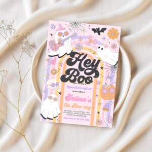 Editable halloween hey boo cute ghost birthday party invitation retro groovy rainbow ghost birthday hippie halloween instant download v6 1
