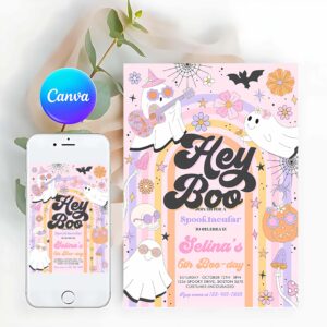 Hey Boo Invitation, Halloween Hey Boo Cute Ghost Birthday Party Invitation Retro Groovy Rainbow Ghost Birthday Hippie Halloween