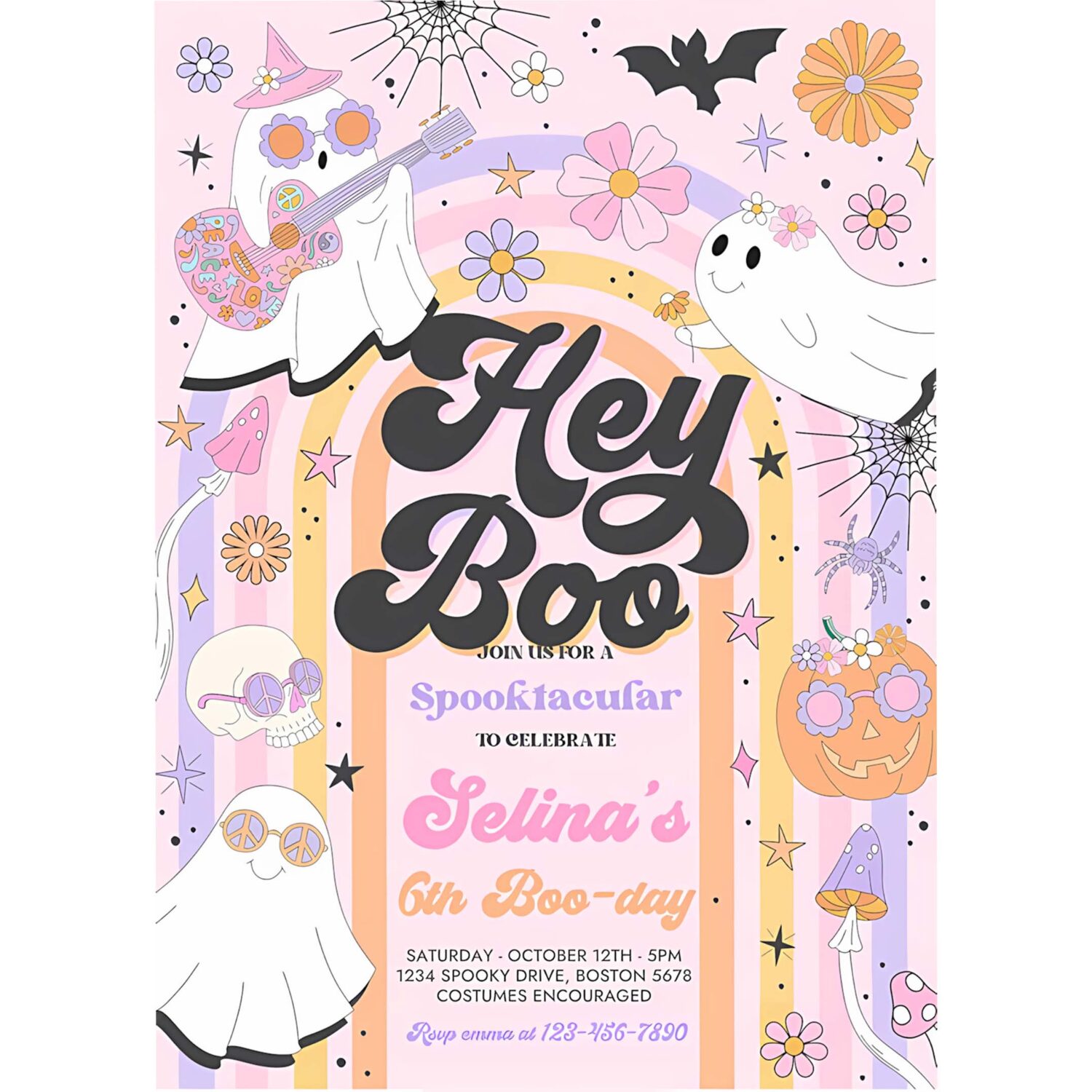 Editable halloween hey boo cute ghost birthday party invitation retro groovy rainbow ghost birthday hippie halloween instant download v6 4